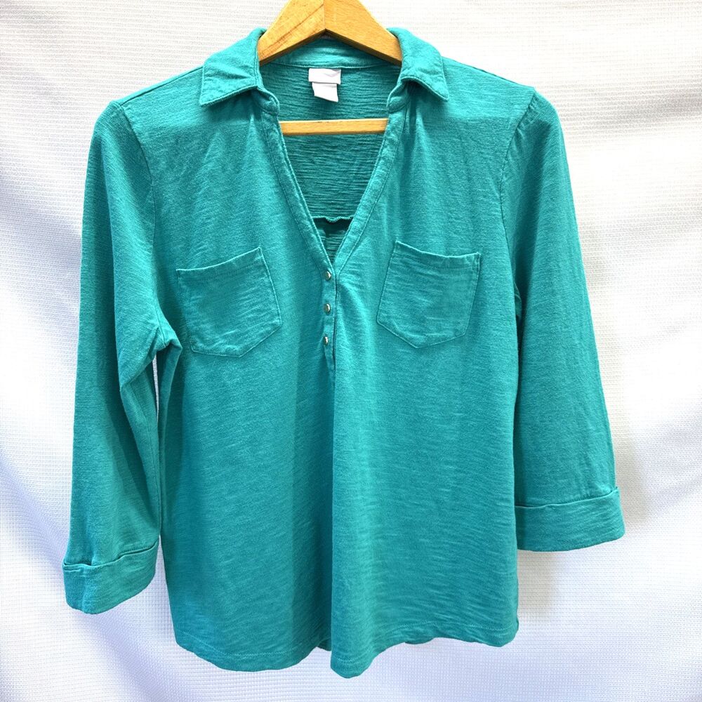 Chico's women’s collar 3/4 sleeve blouse  V-neck pocked cuff - size 1P (M 10-12)